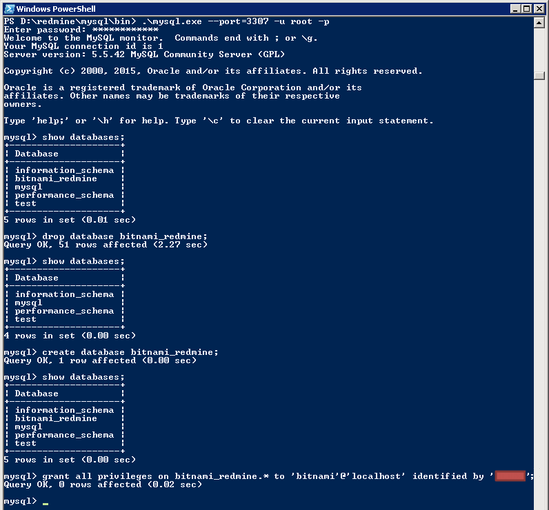 Bitnami Redmine Stack, пересоздание БД