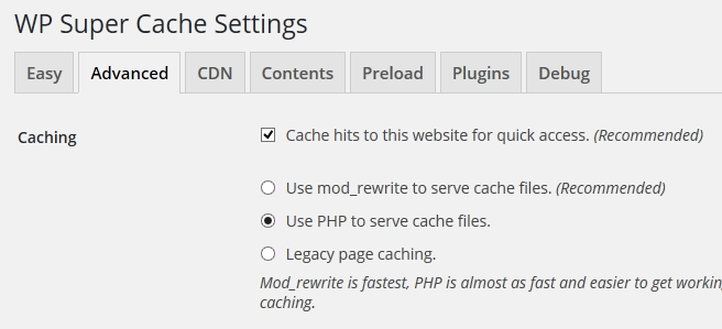 Настройки WP Super Cache