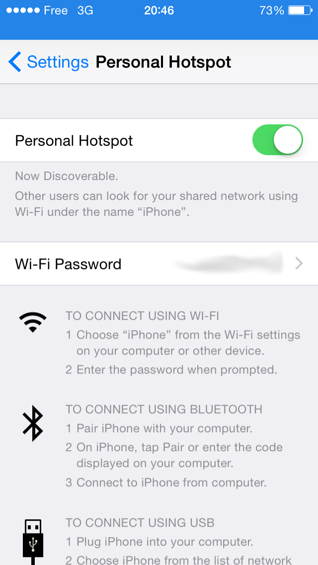 Меню Personal Hotspot на iPhone