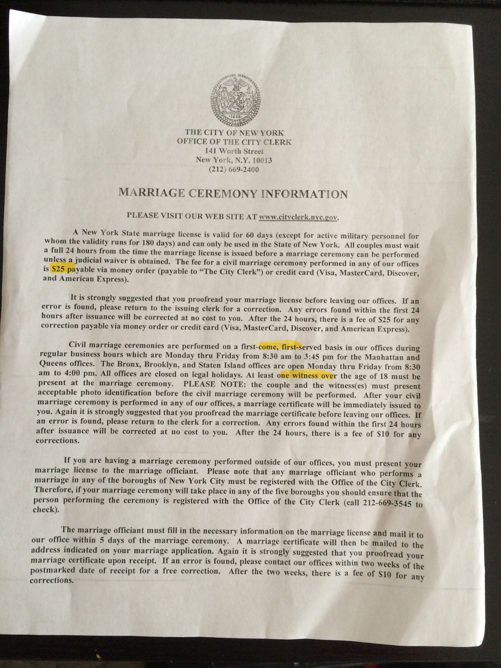 New York, City Clerk's Office, marriage note