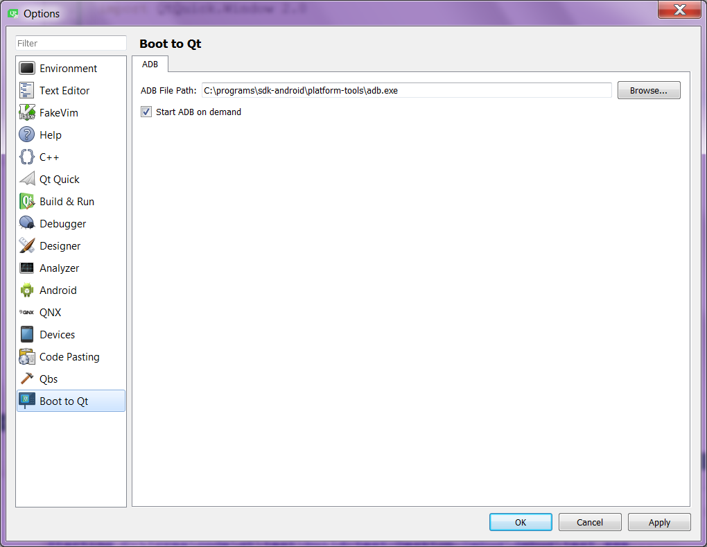 Path to ADB in Qt Creator