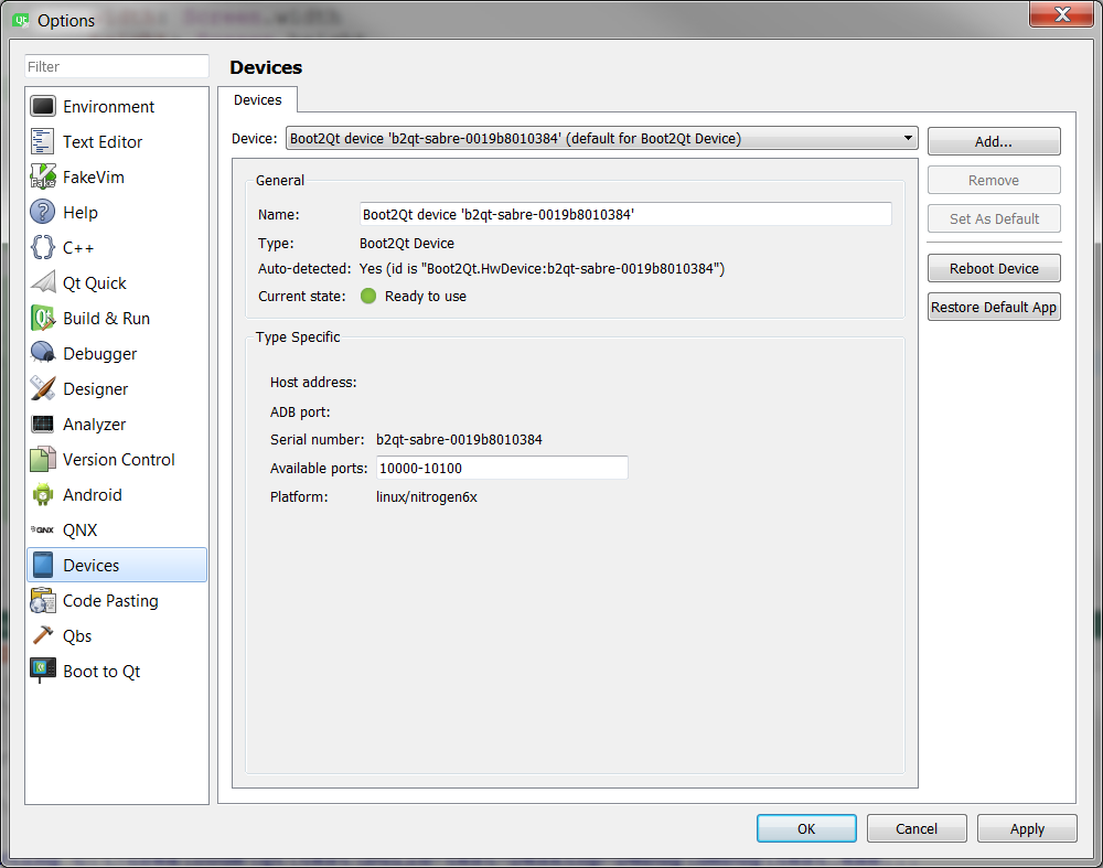Device in Qt Creator settings