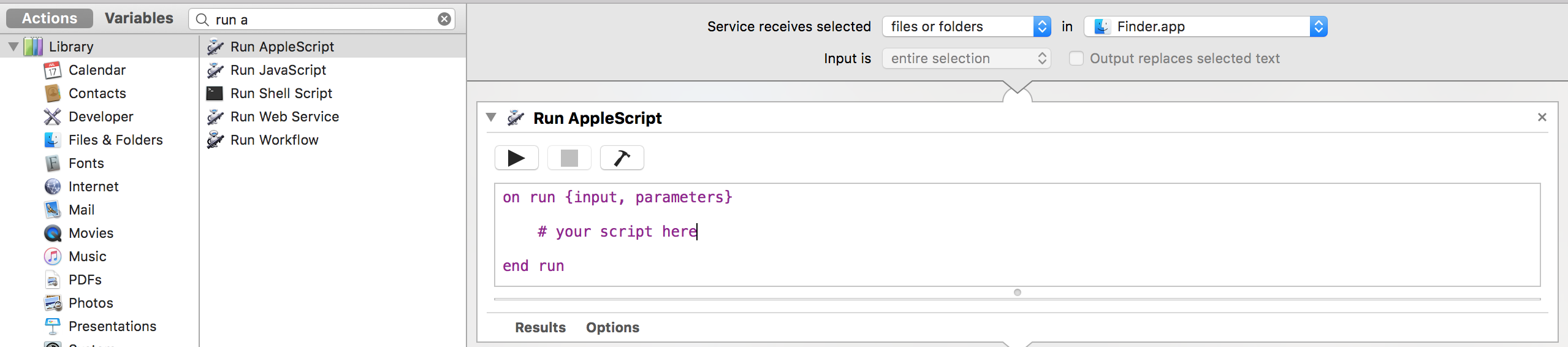 Automator, AppleScript action