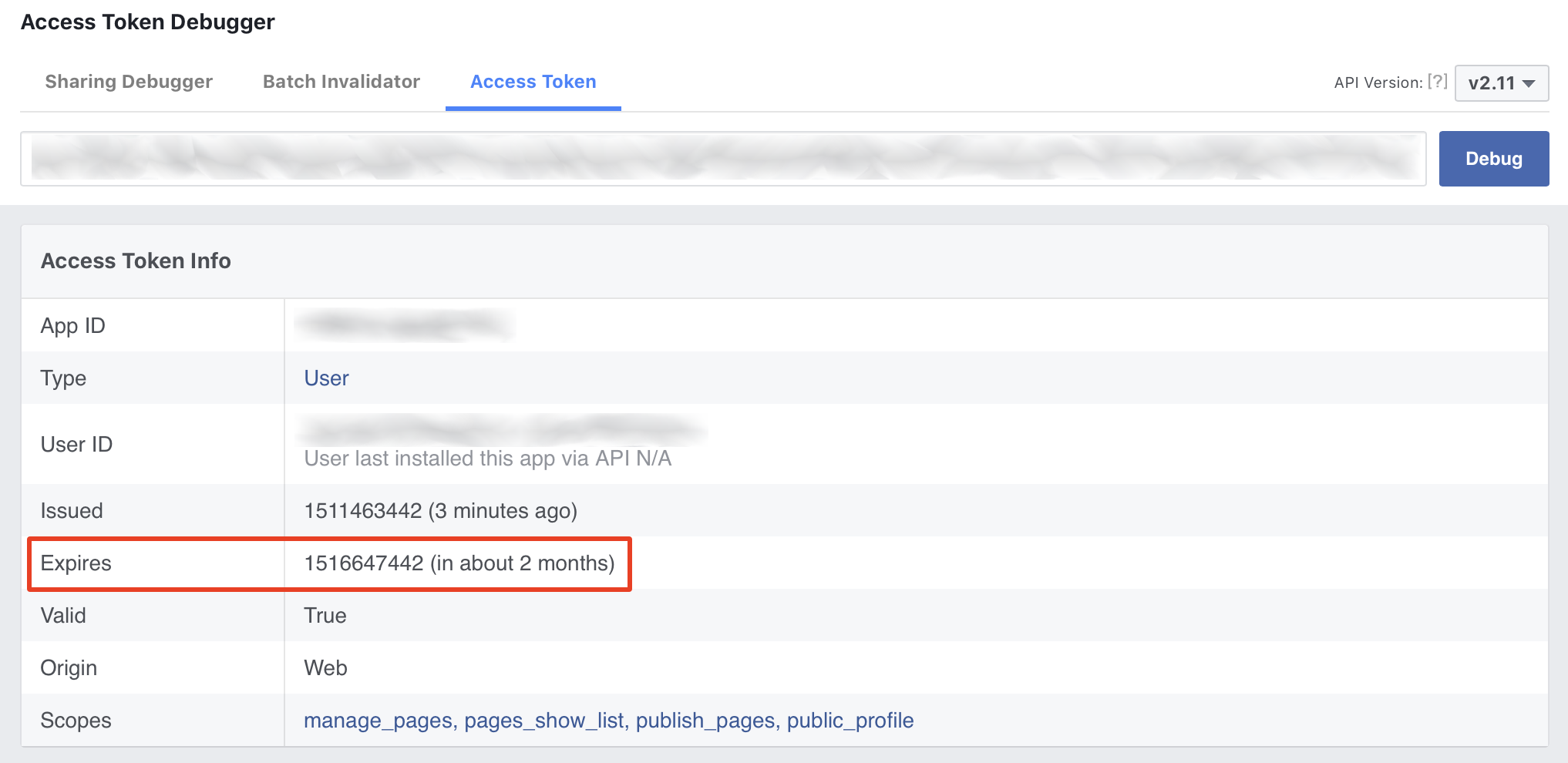 Facebook extended access token