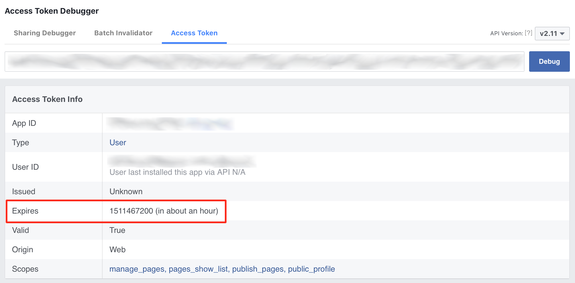Facebook short-term access token