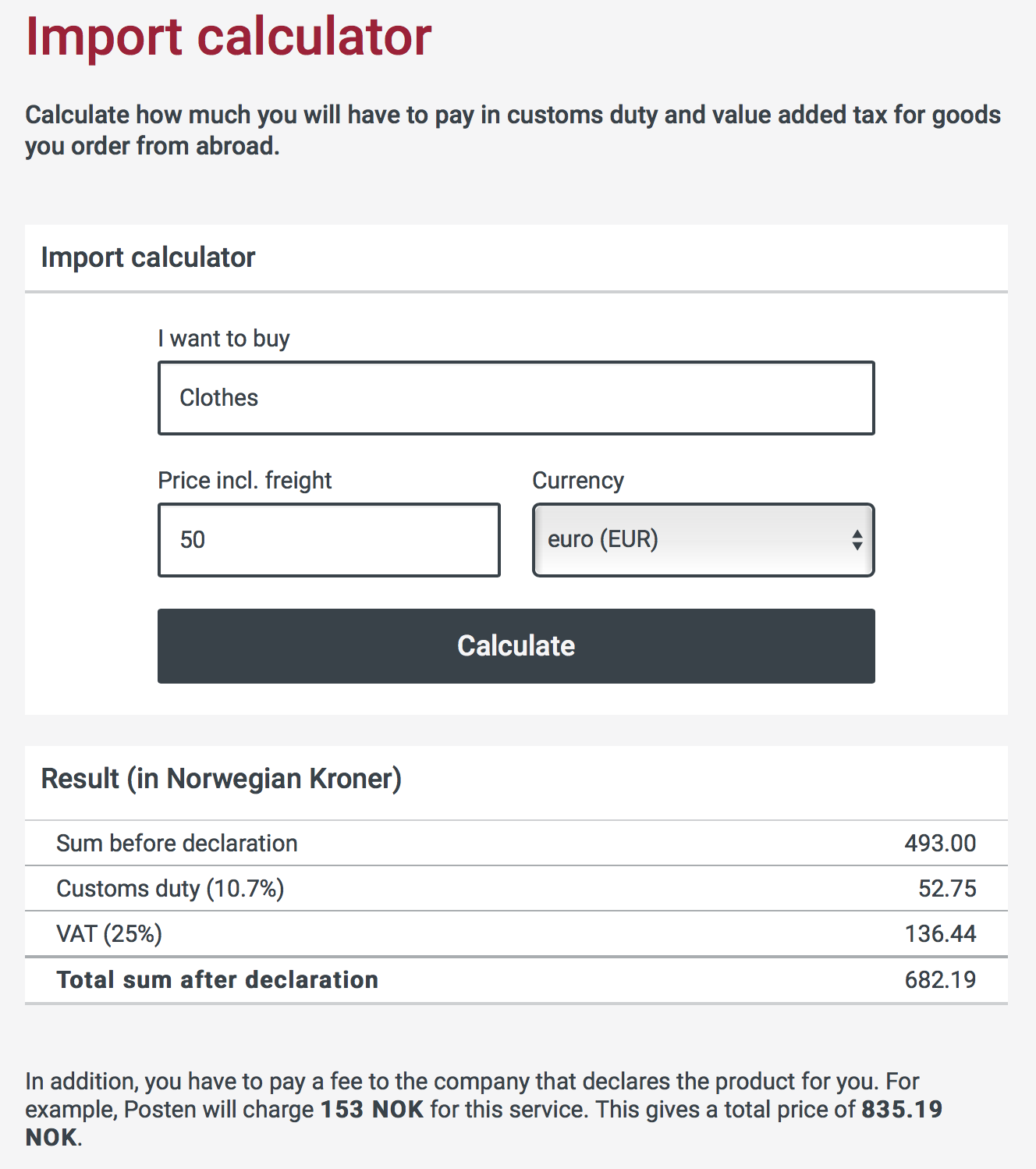Norway import calculator