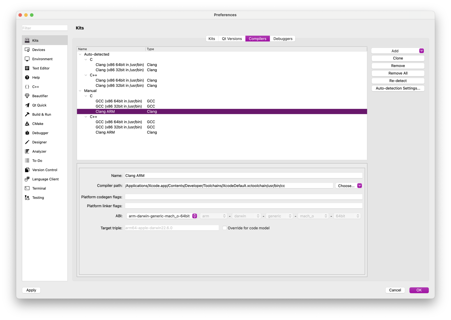Qt Creator, manually added C compiler on Apple silicon