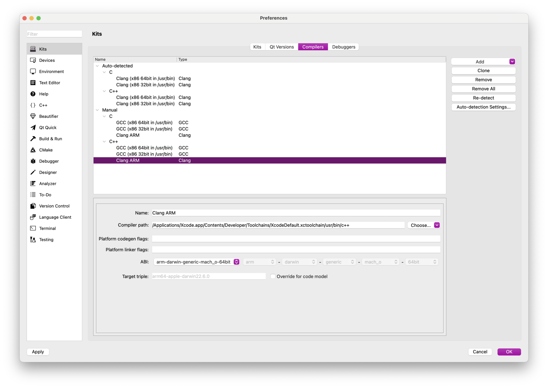 Qt Creator, manually added C++ compiler on Apple silicon