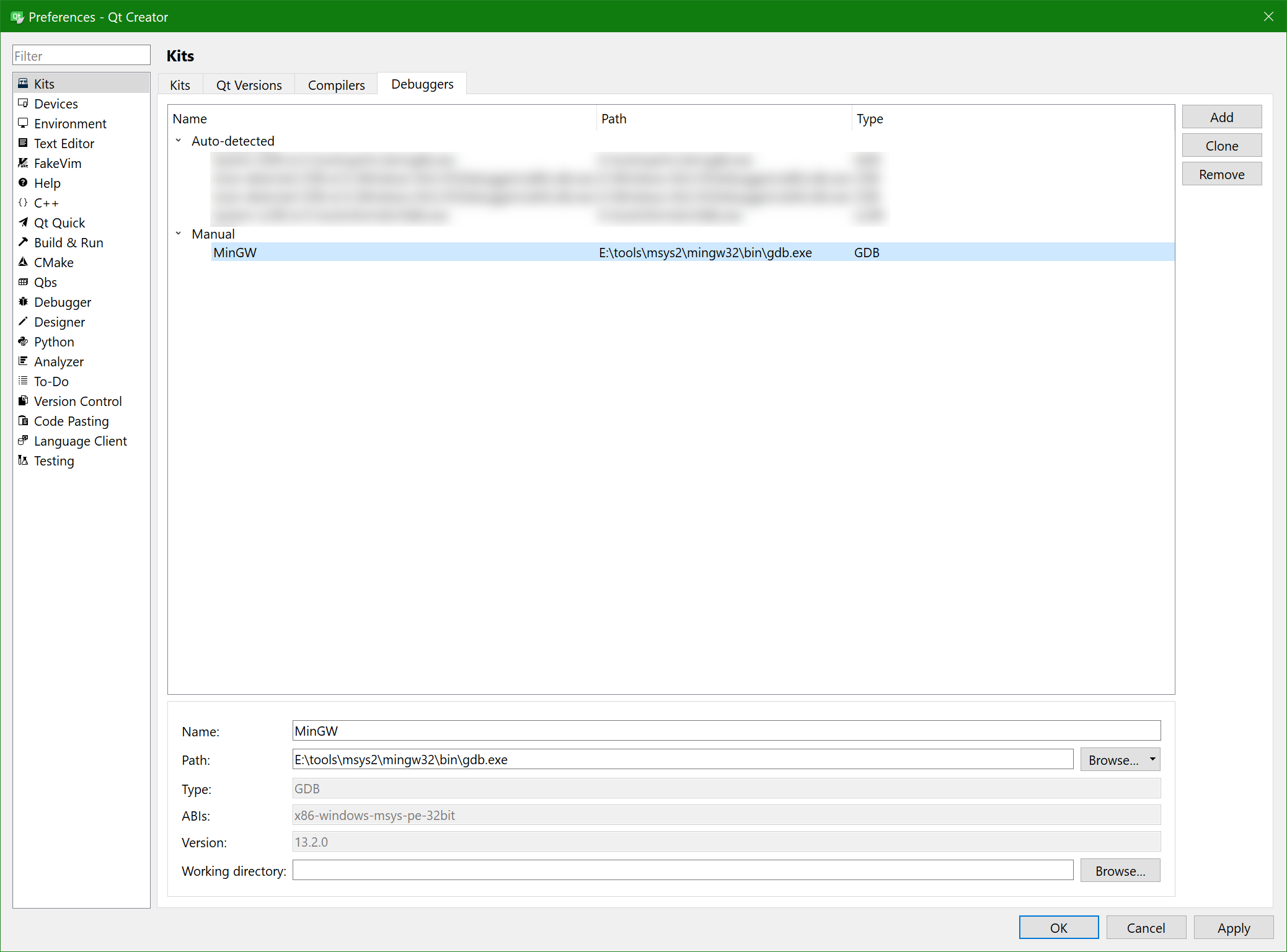 Qt Creator, MinGW, debugger