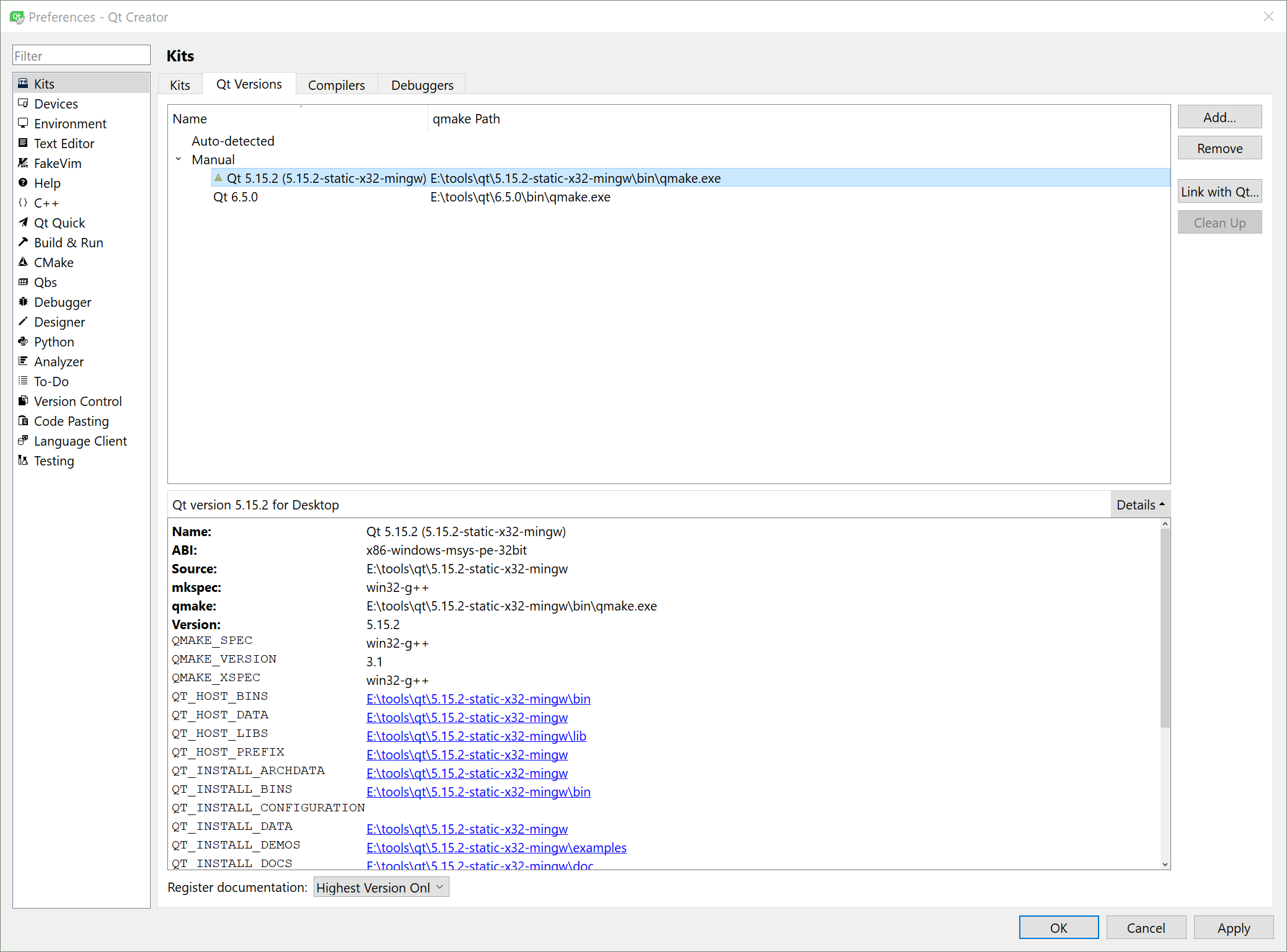 Qt Creator, Qt version
