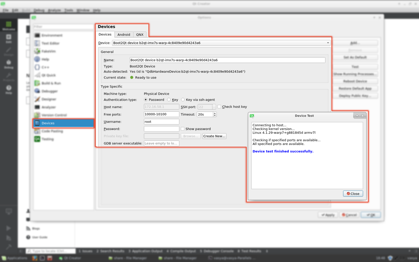 Qt Creator, testing device