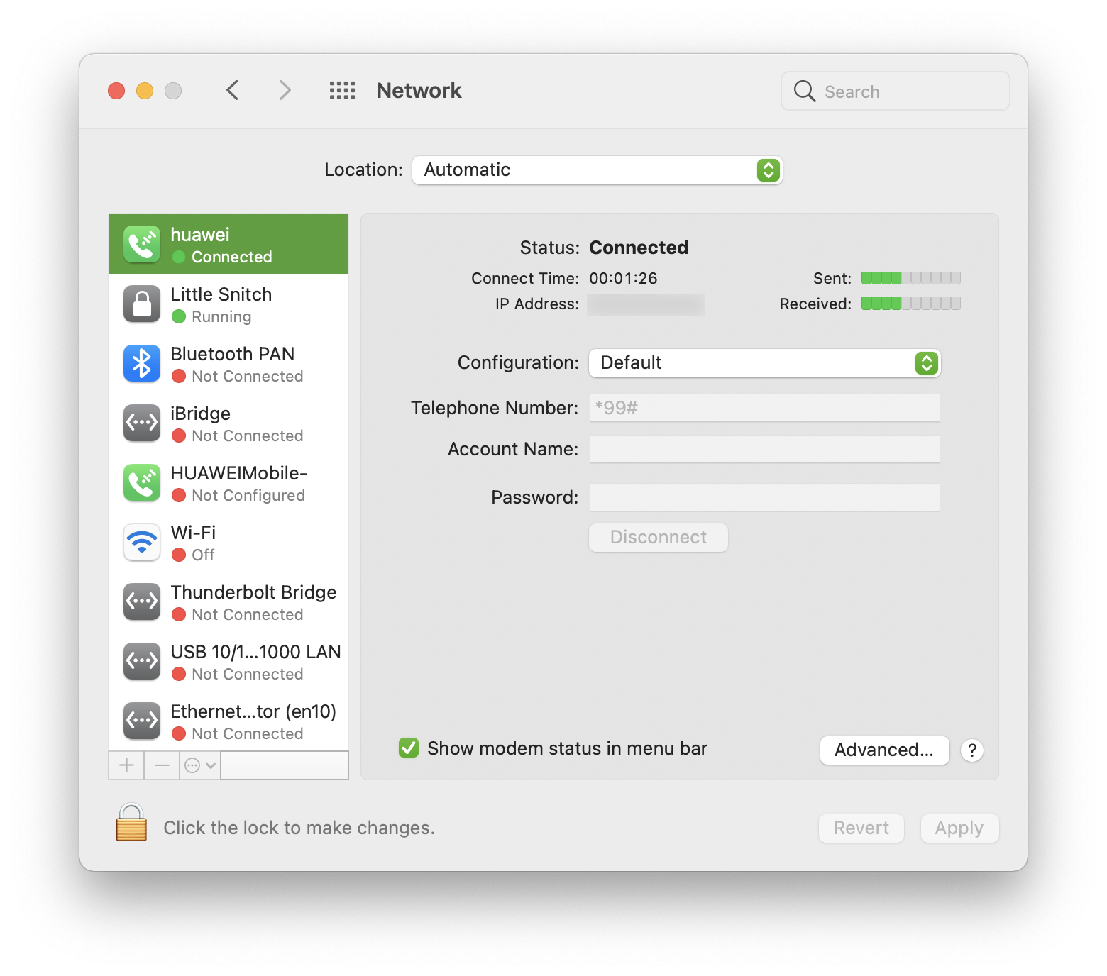 Mac OS Big Sur, network dialup connected