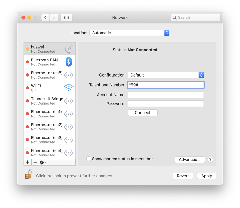 Mac OS Network, mobile dial-up number