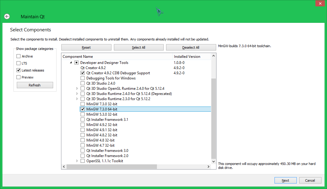 Qt installer, MinGW 7.3.0