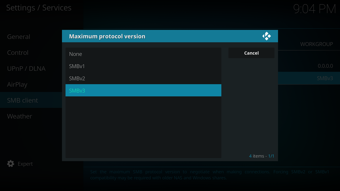 Kodi settings on Apple TV, SMB client