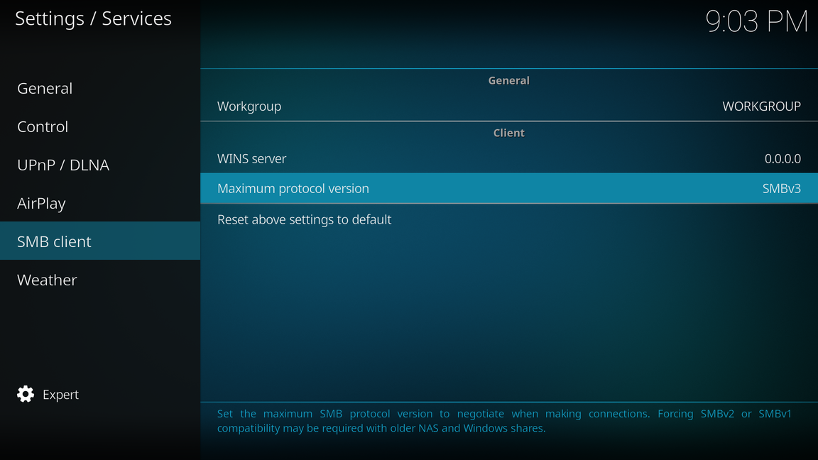 Kodi settings on Apple TV, SMB client