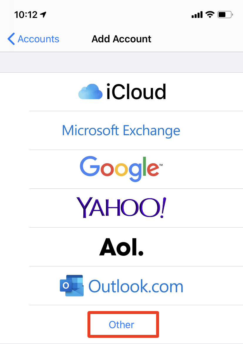 iOS, add e-mail account
