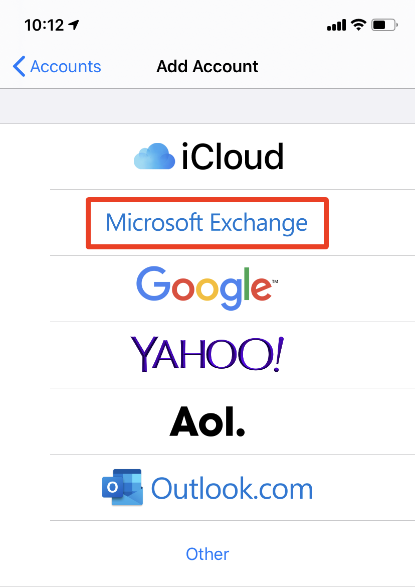 iOS, add Exchange account
