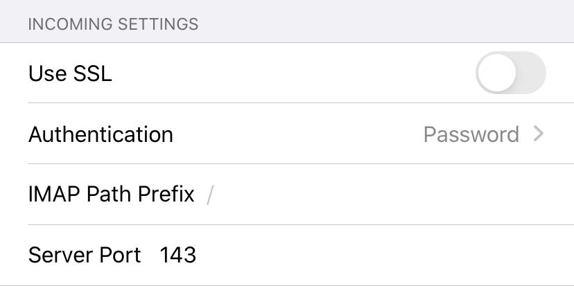 iOS, e-mail IMAP settings
