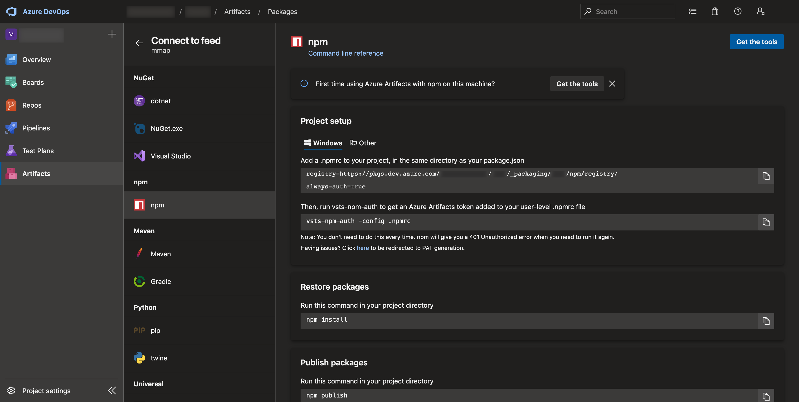 Azure DevOps, connecting to feed using npm