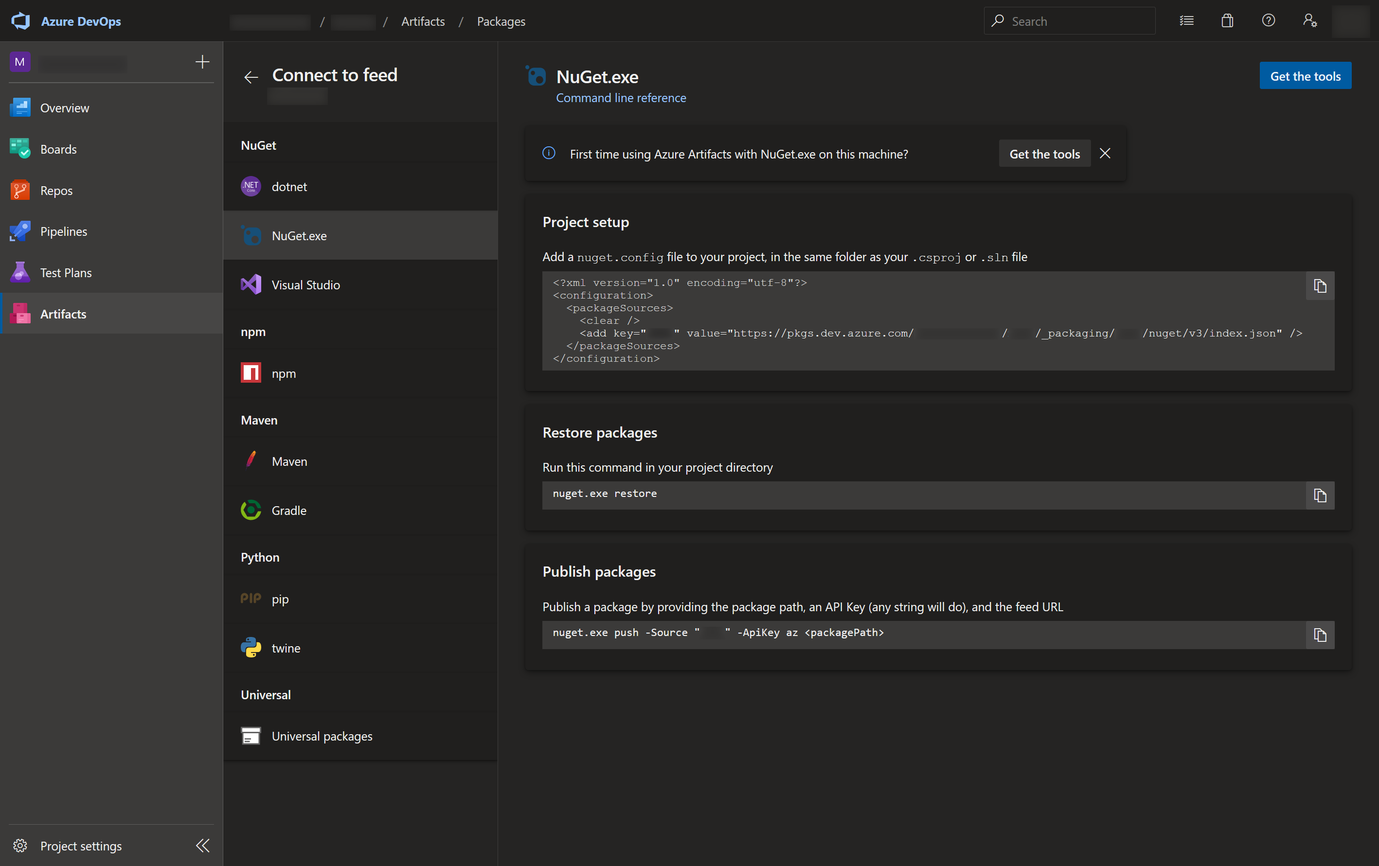 Azure DevOps, connecting to feed using NuGet
