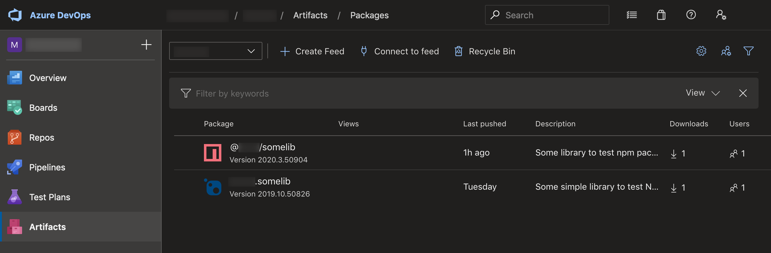 Azure DevOps, published packages