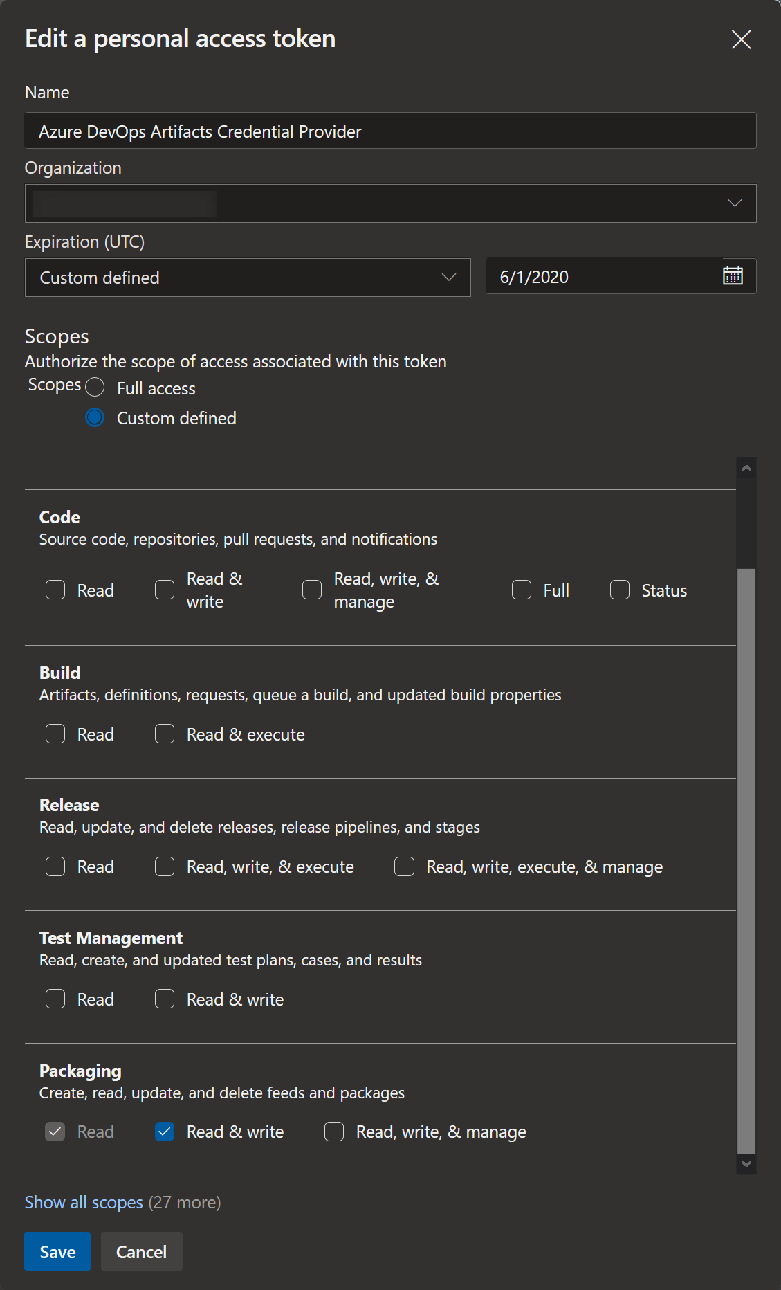 Azure DevOps, API token scopes