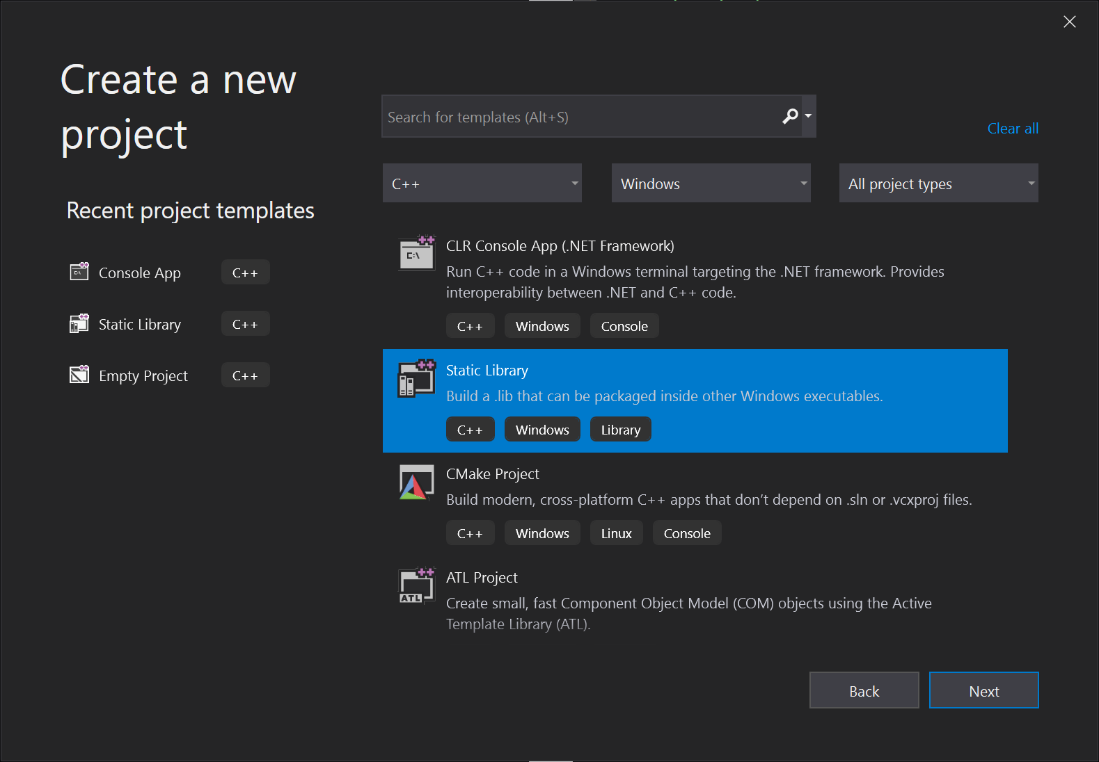 Visual Studio, new project, static library