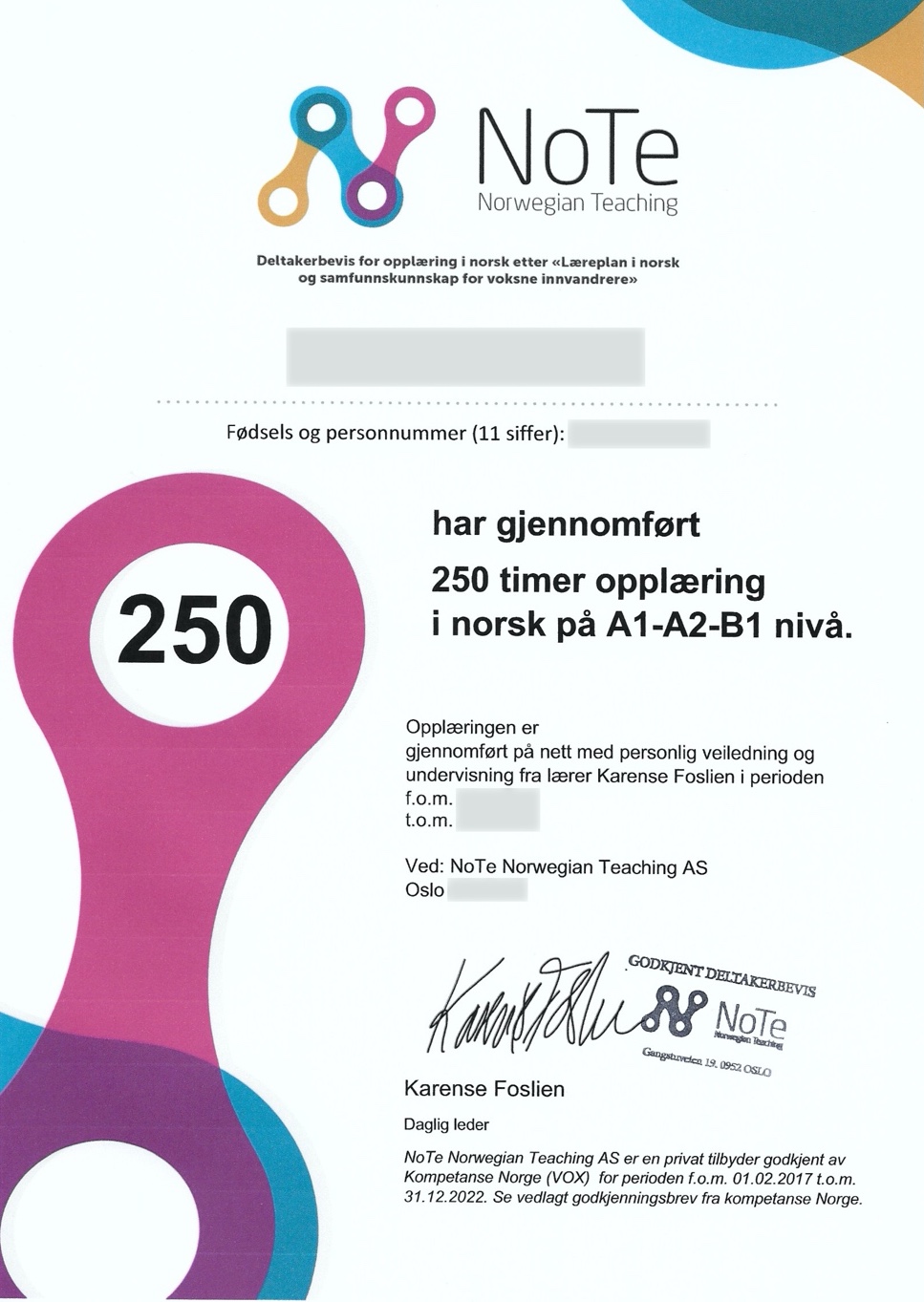 NoTe certificate