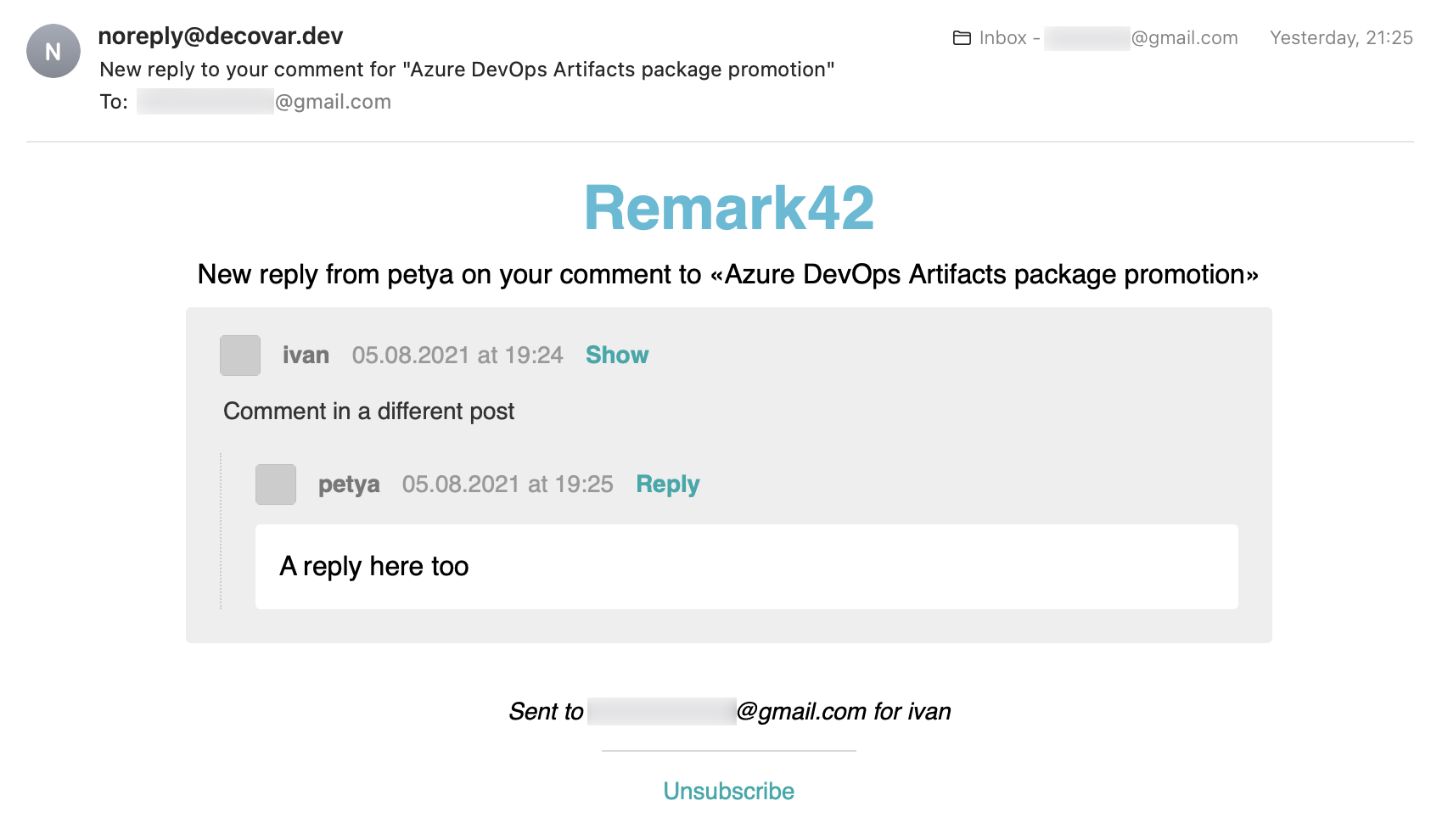 Remark42 email notification