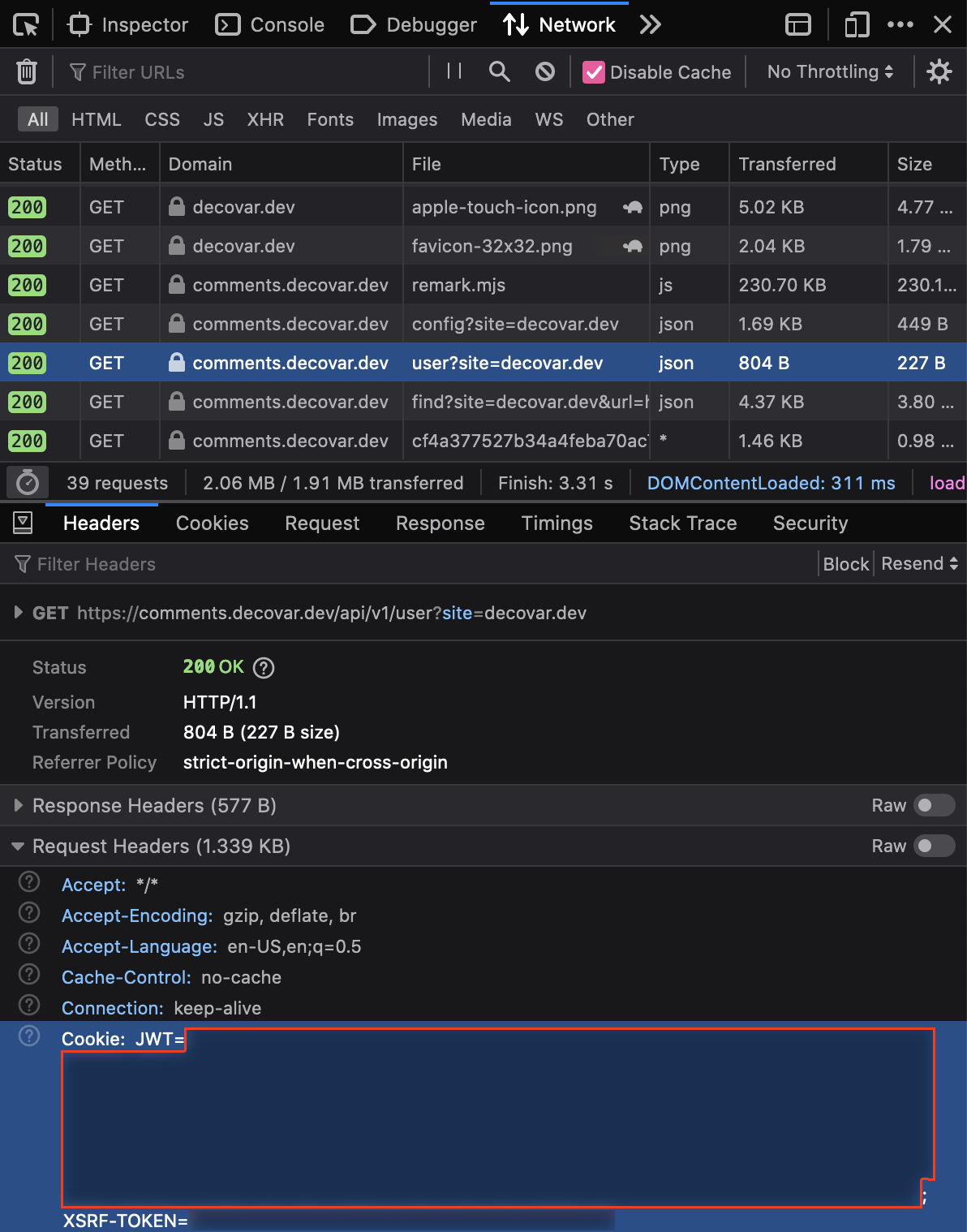 Remark42 JWT in Web Developer Tools