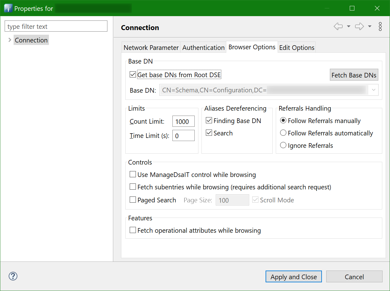 Apache Directory Studio, connection browser options
