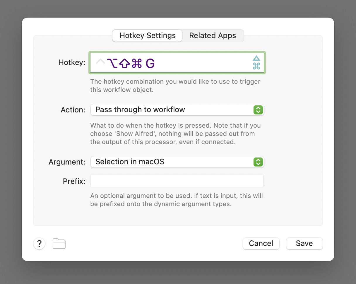 Alfred workflow, hotkey