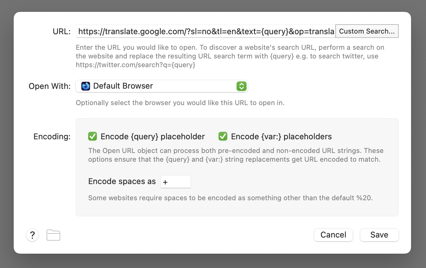 Alfred workflow, open URL