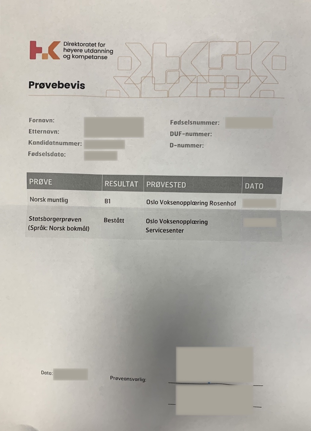 Результаты экзамена norskprøven