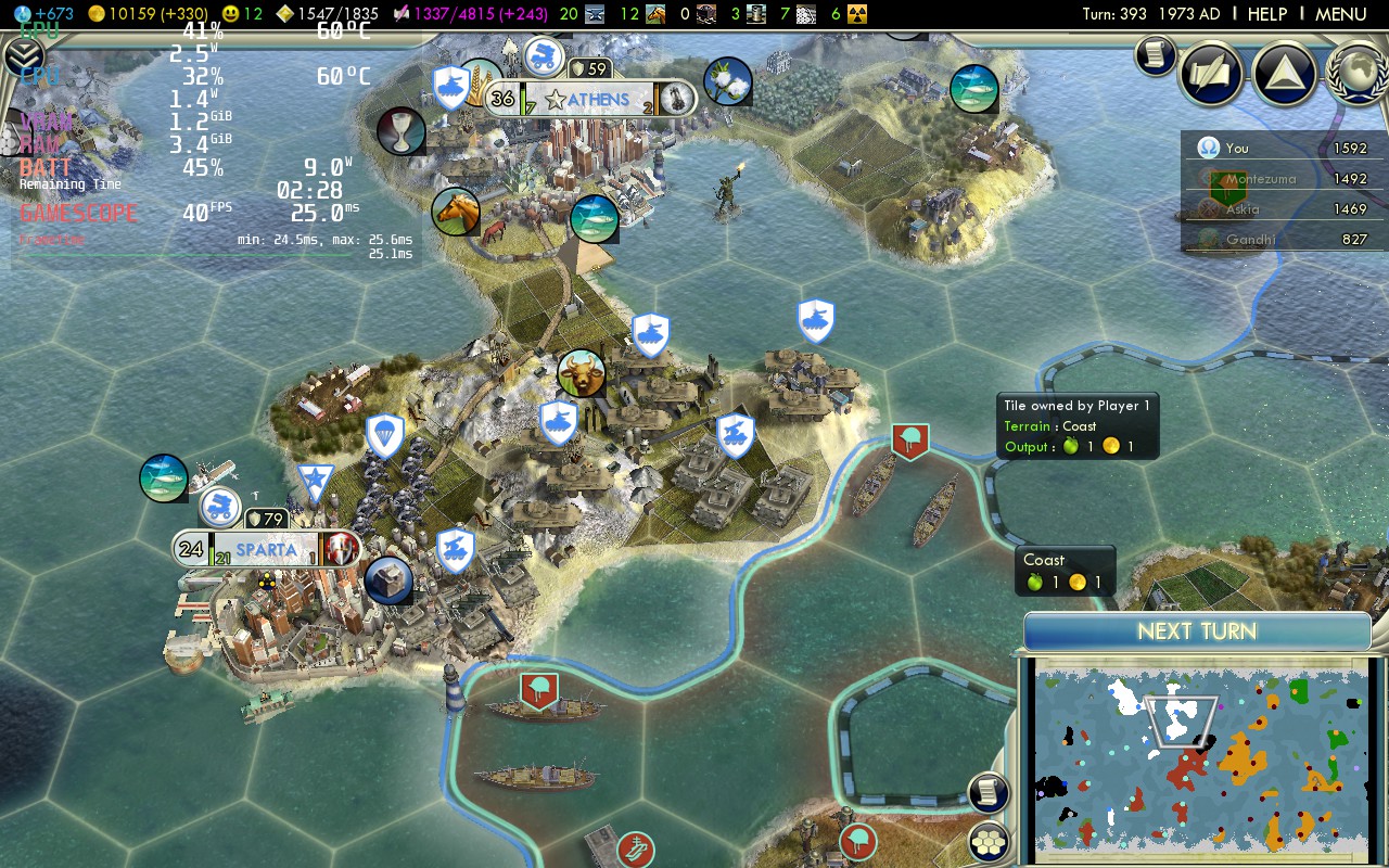 Steam Deck, Civilization V, MangoHud metrics