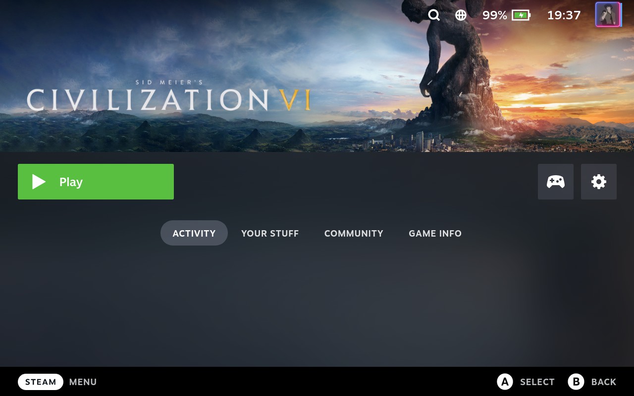 Civilization VI in Steam game gallery in Gaming mode on Steam Deck