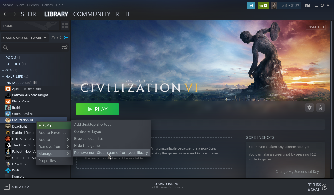 Removing non-Steam game from library