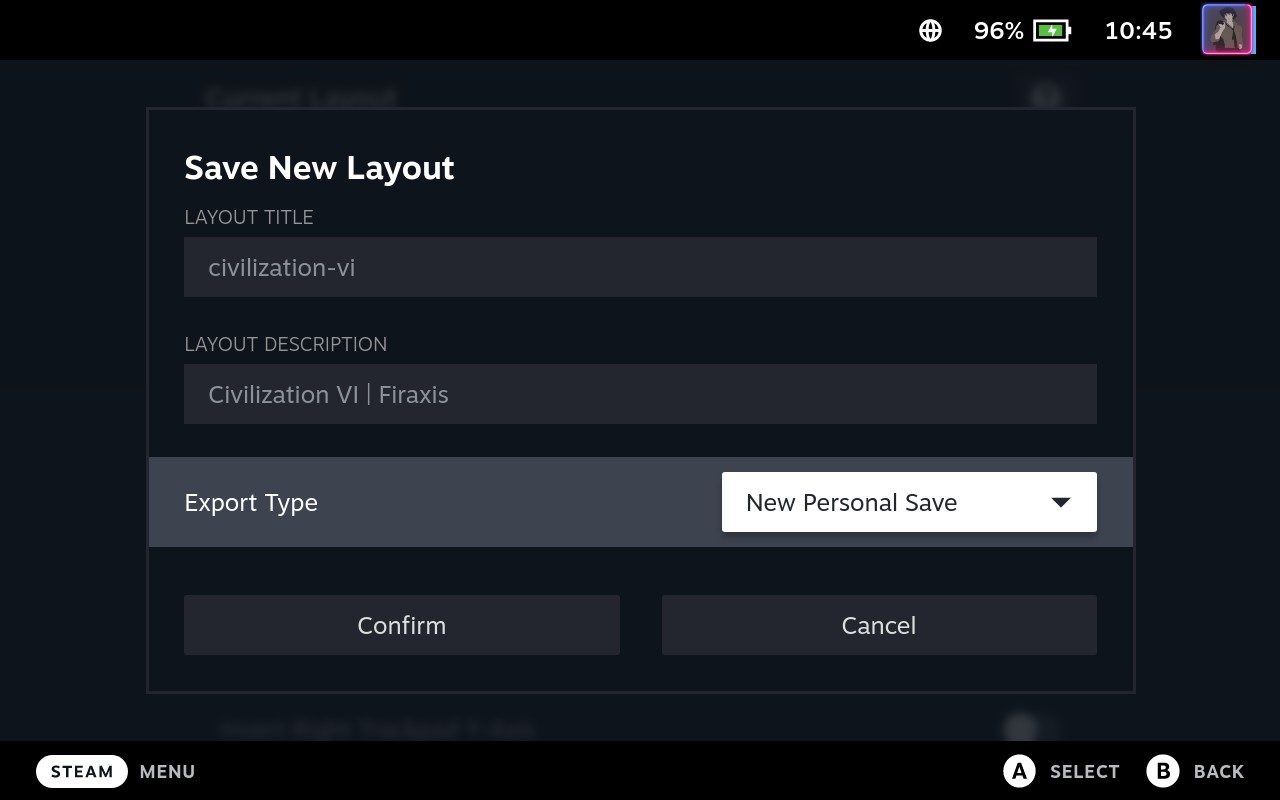 Steam Deck, exporting community layout as New Personal Save