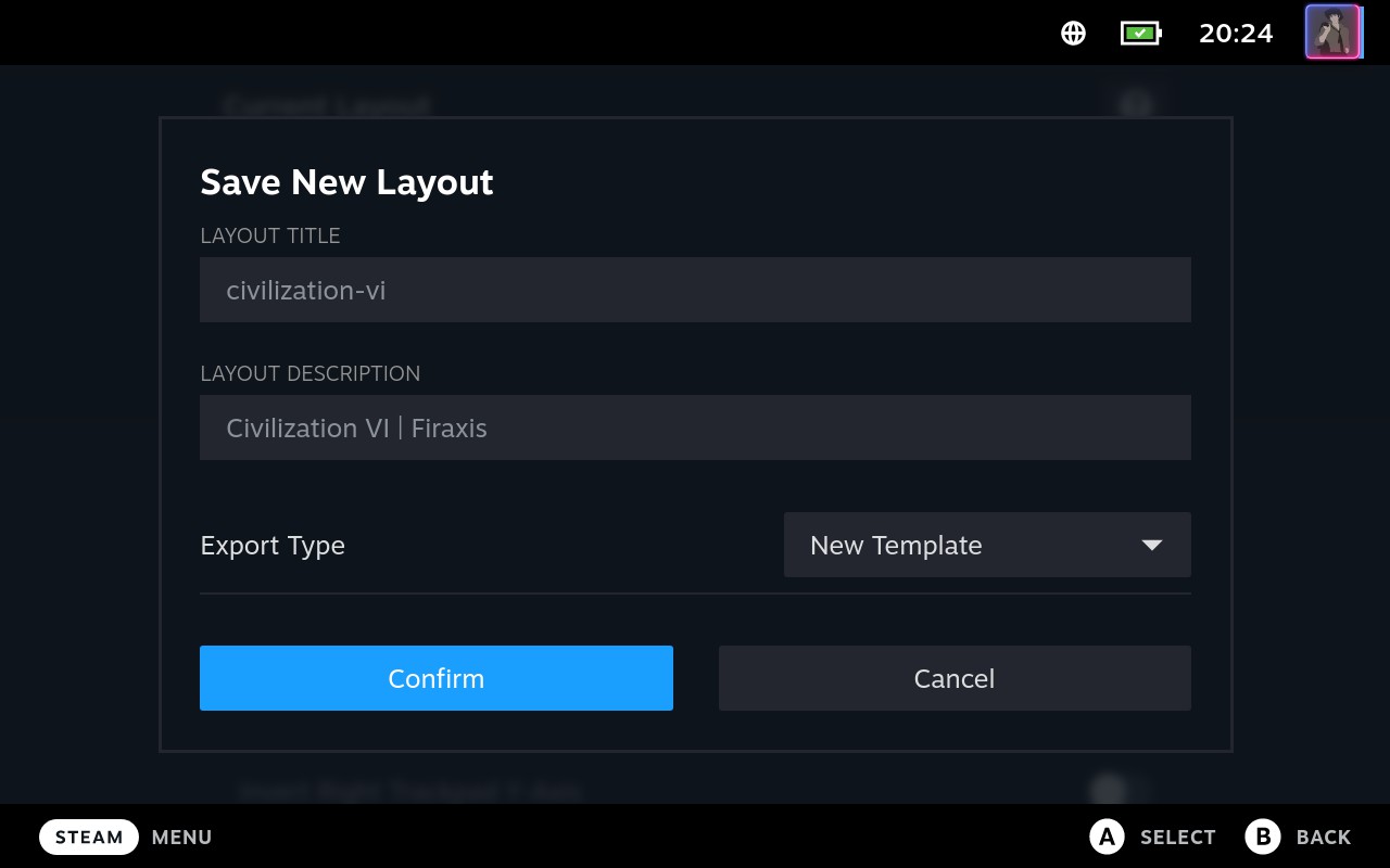 Steam Deck, exporting community layout as New Template