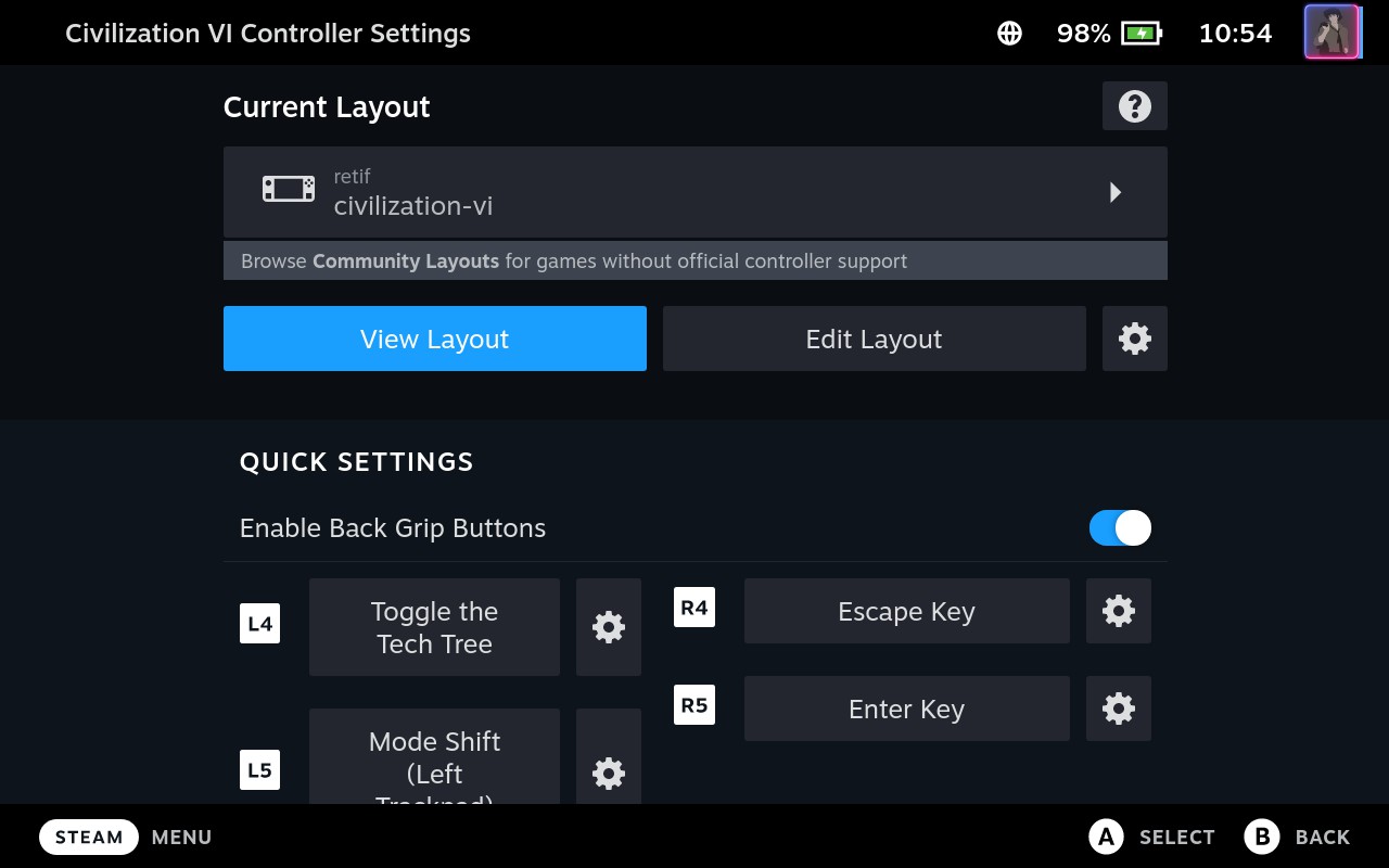 Steam Deck, selected controller layout