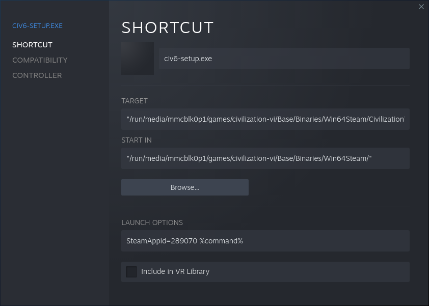 Steam, game properties, shortcut