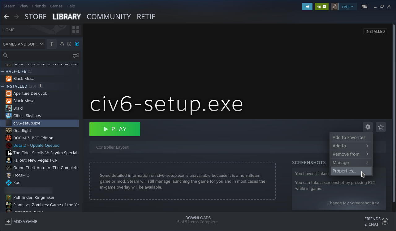 Steam, game properties
