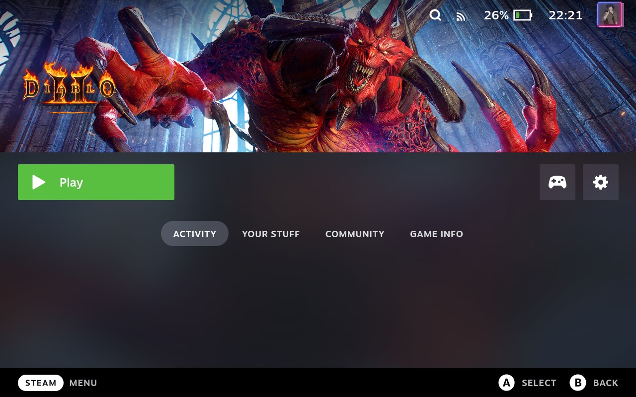 Diablo II Resurrected in Steam game gallery in Gaming mode on Steam Deck