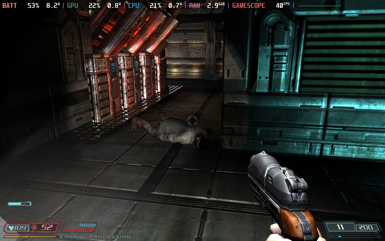 Steam Deck, DooM 3, MangoHud metrics
