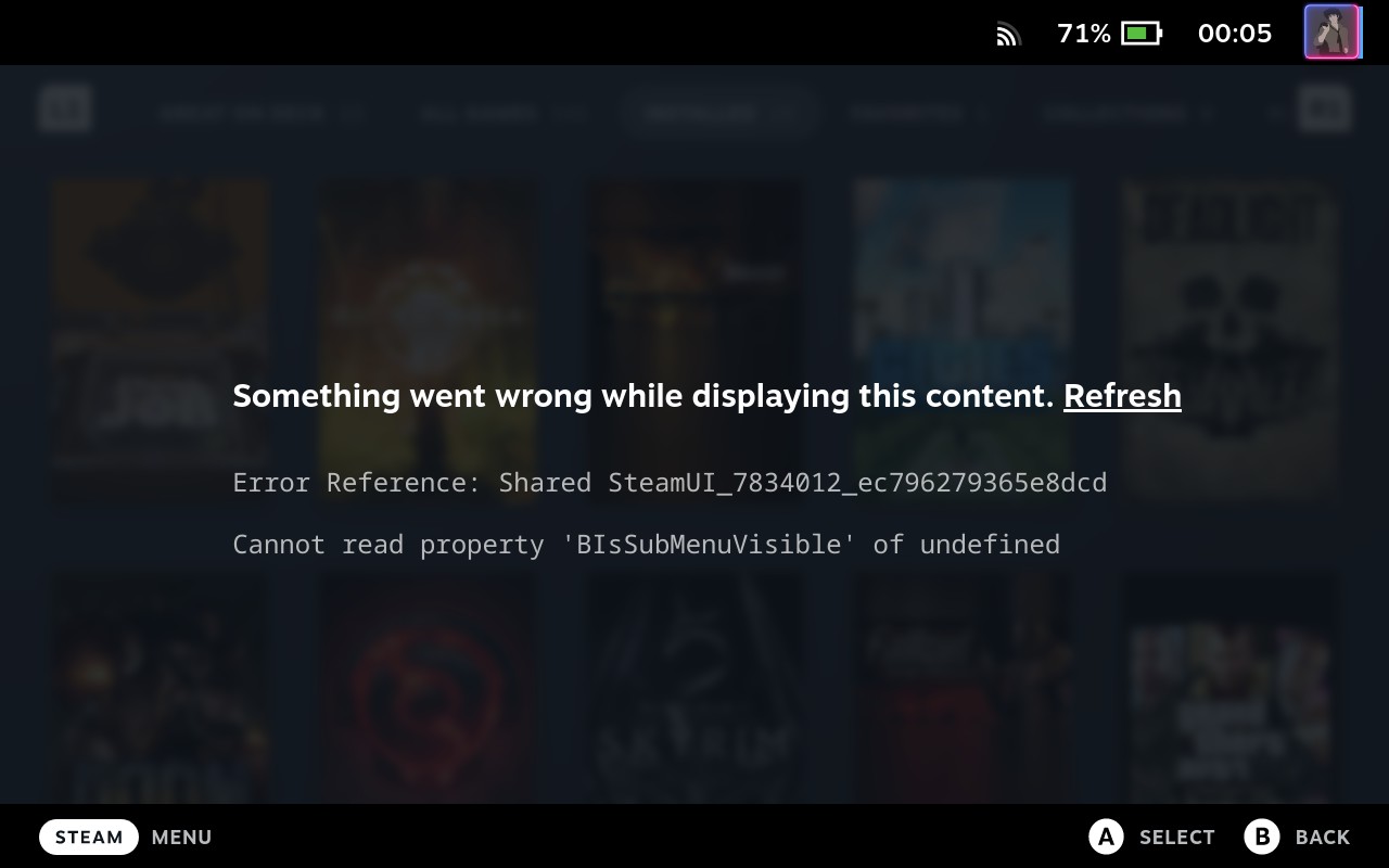Steam Deck, web-based GUI, bissubmenu error