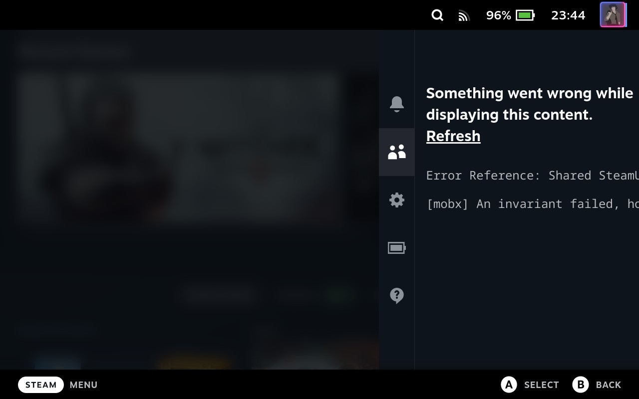 Steam Deck, web-based GUI, Friends tab error, mobx invariant failed