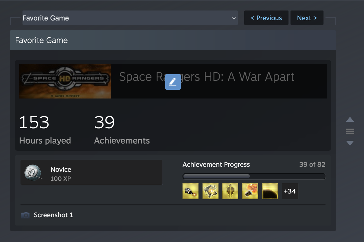 Steam profile, selecting a game for showcasing
