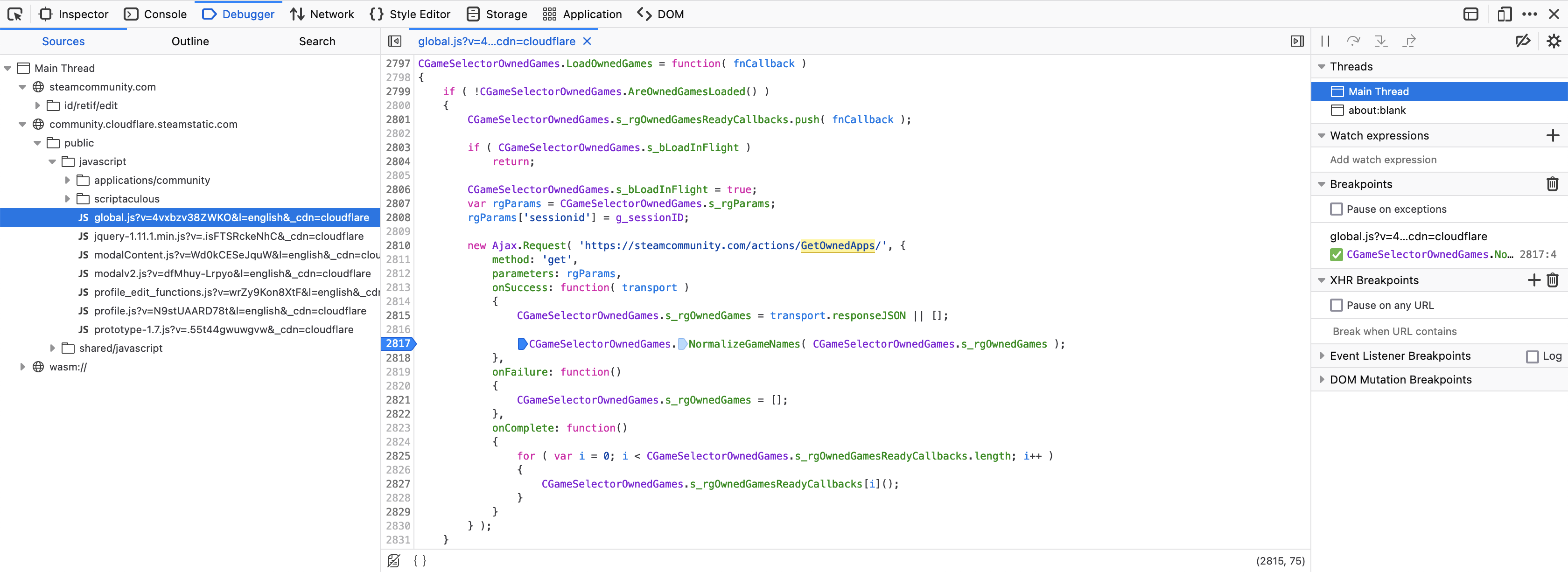 Firefox debugger breakpoint on Steam profile page script