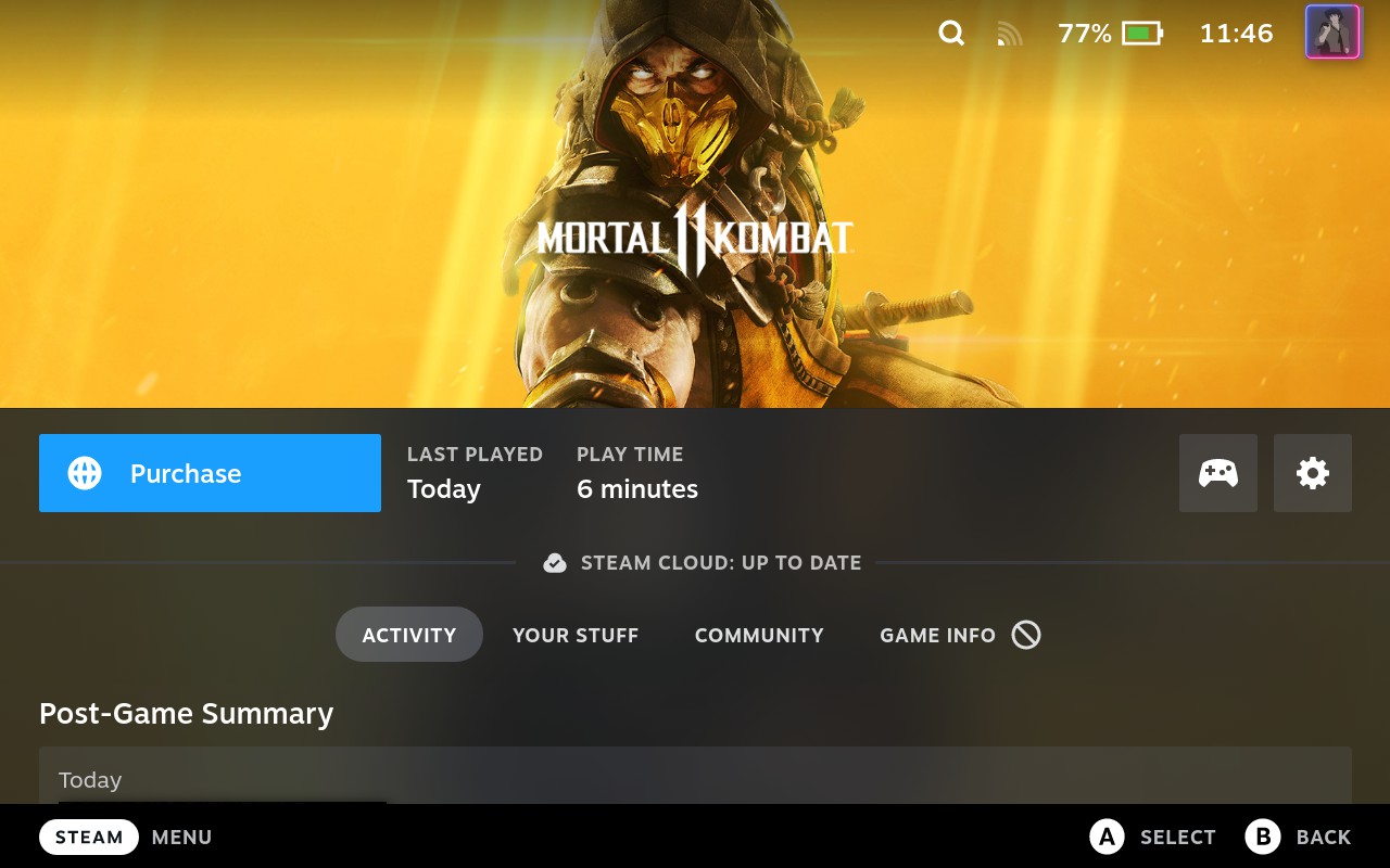 Steam Deck, library entry for pirated Mortal Kombat 11